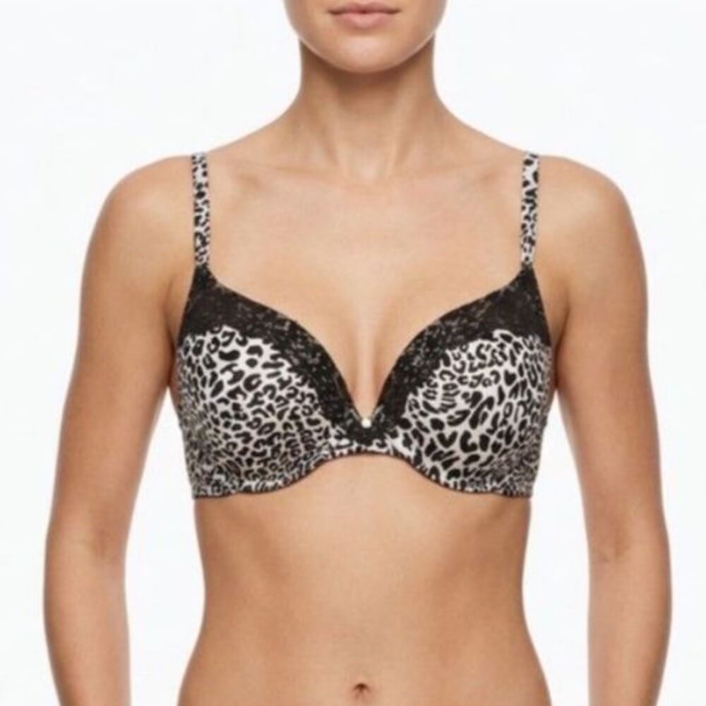 Victoria's Secret Black Ivory Leopard Black Lace Lightly Lined Underwire Bra 36C